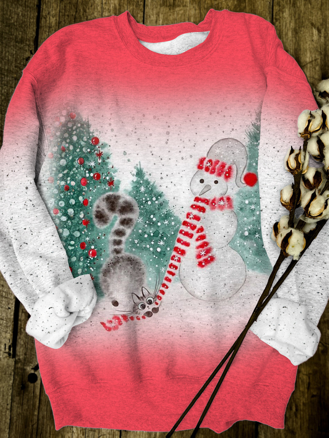 Women's Winter Snowman Kitten print Round Neck Long Sleeve Top