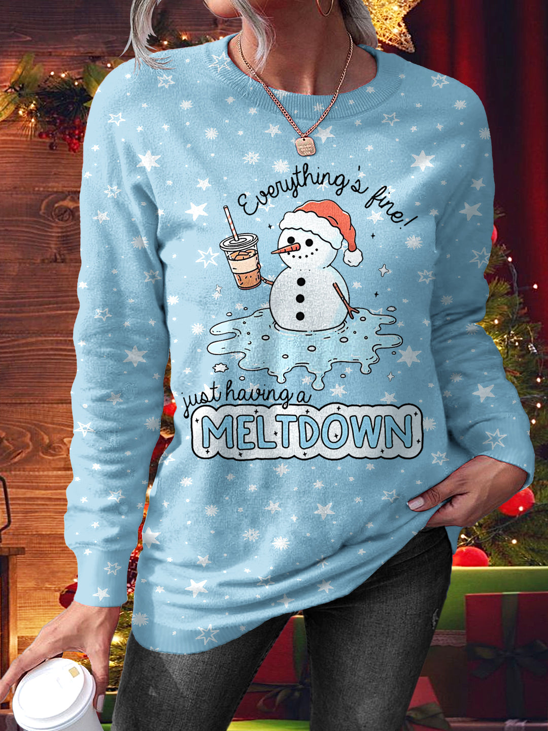 Women's Christmas Mental Health Snowman Printed Long Sleeve Casual Top