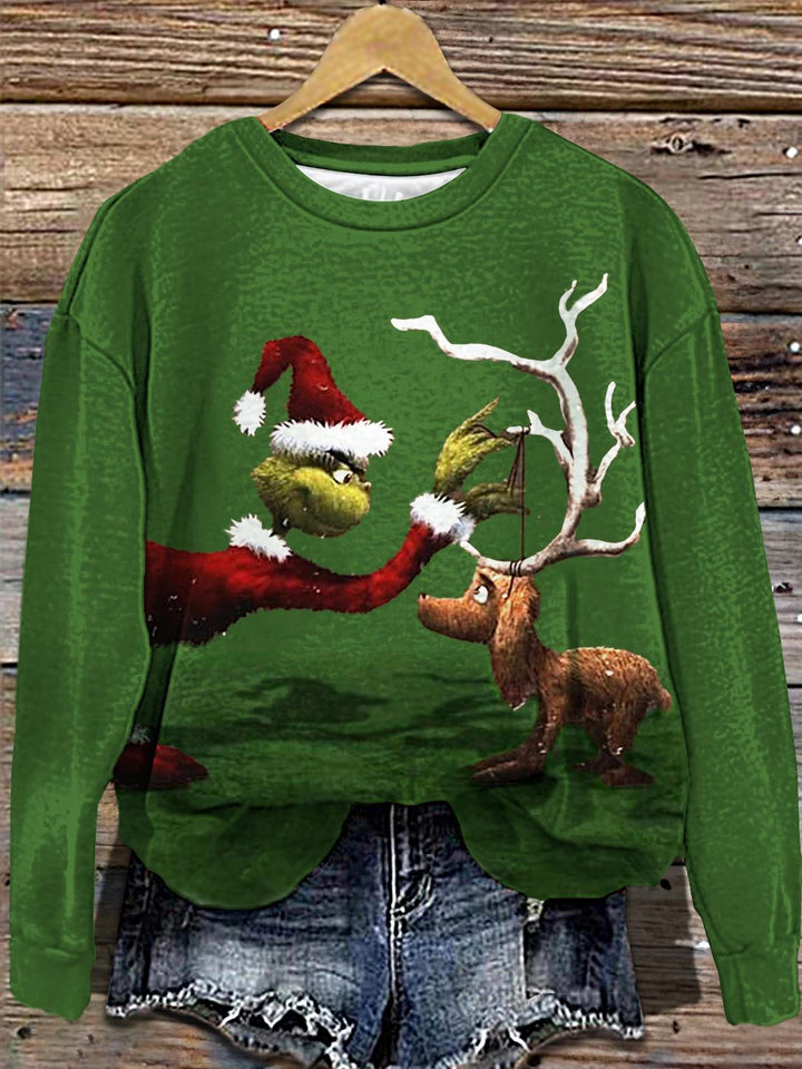 Women's Christmas Reindeer Print Off Shoulder Long Sleeve Sweatshirt