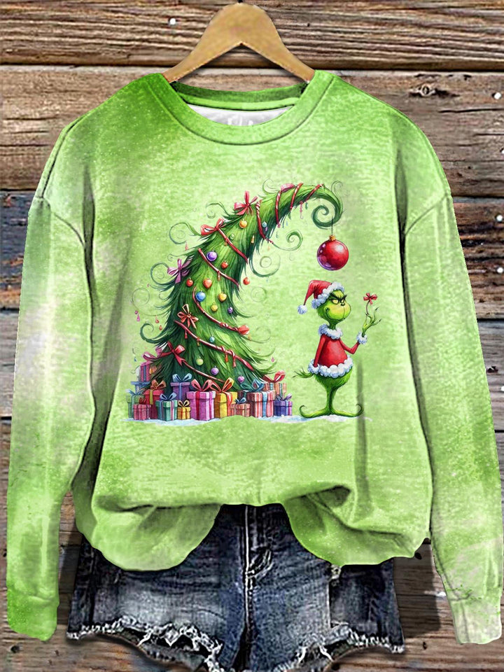 Women's Christmas Vintage Green Figure Printed Long Sleeve Casual Top