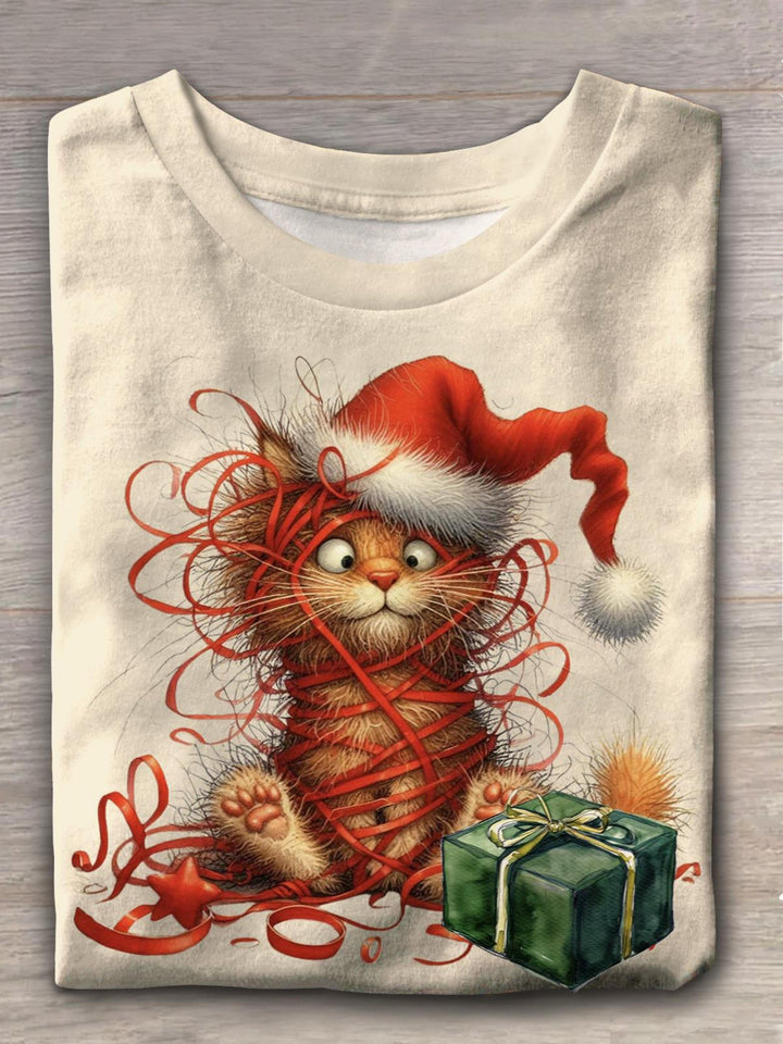 Funny Cat Merry Christmas Gift Crew Neck T-shirt