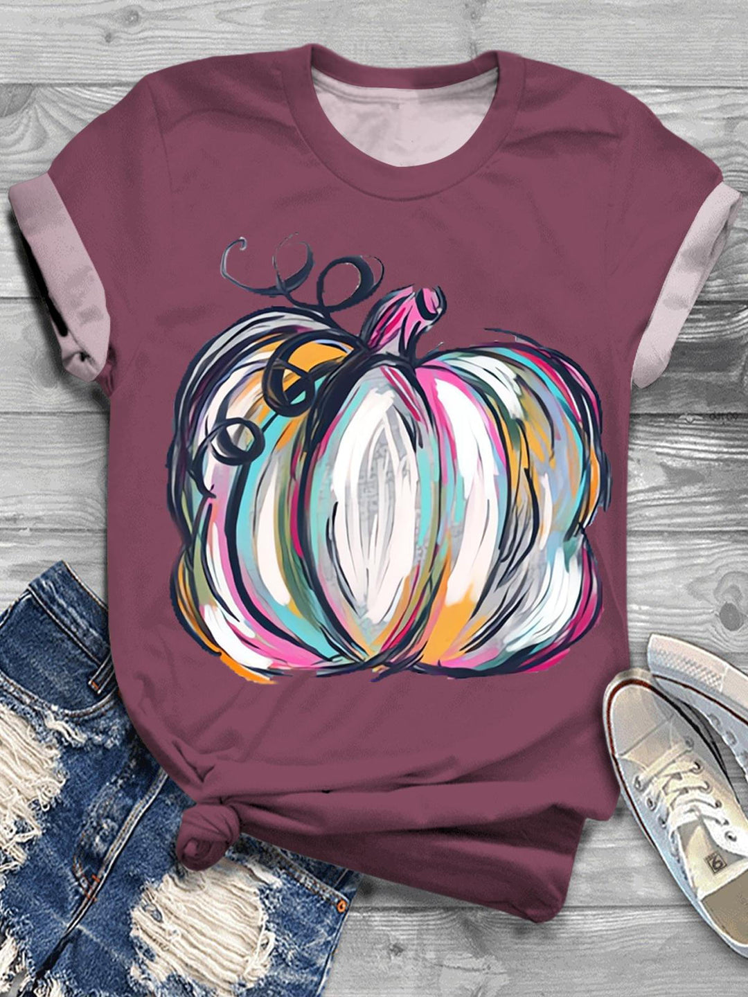 Women's Watercolor Pumpkin Crew Neck T-shirt