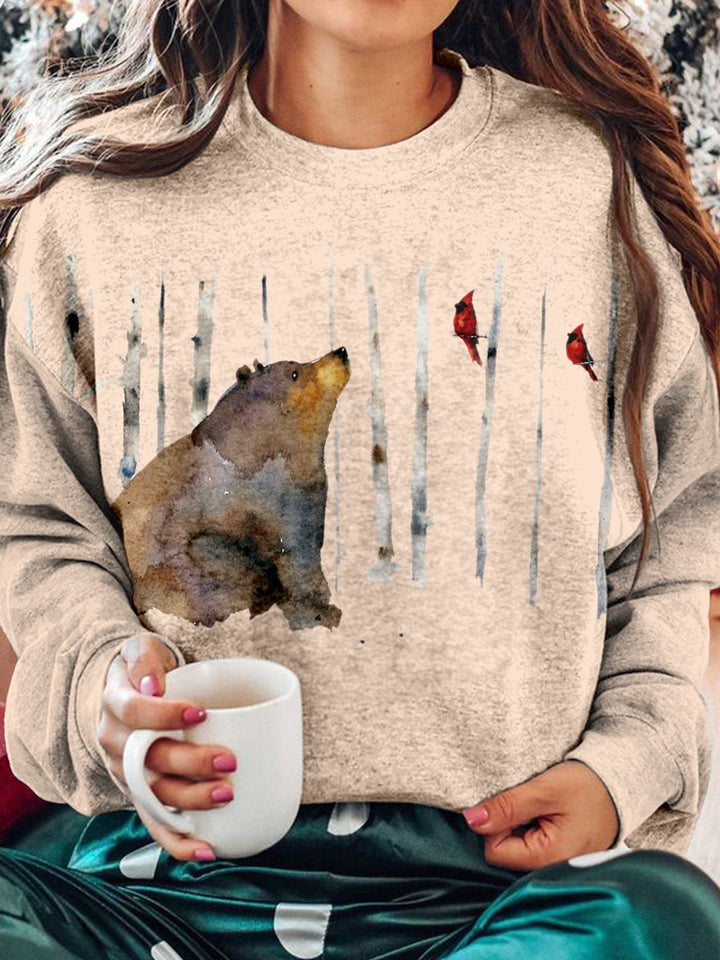 Women's Winter Bear Red Bird Print Long Sleeve Top