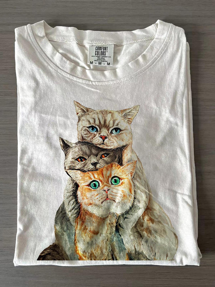 Women's Cute Kitten Print Crew Neck T-shirts