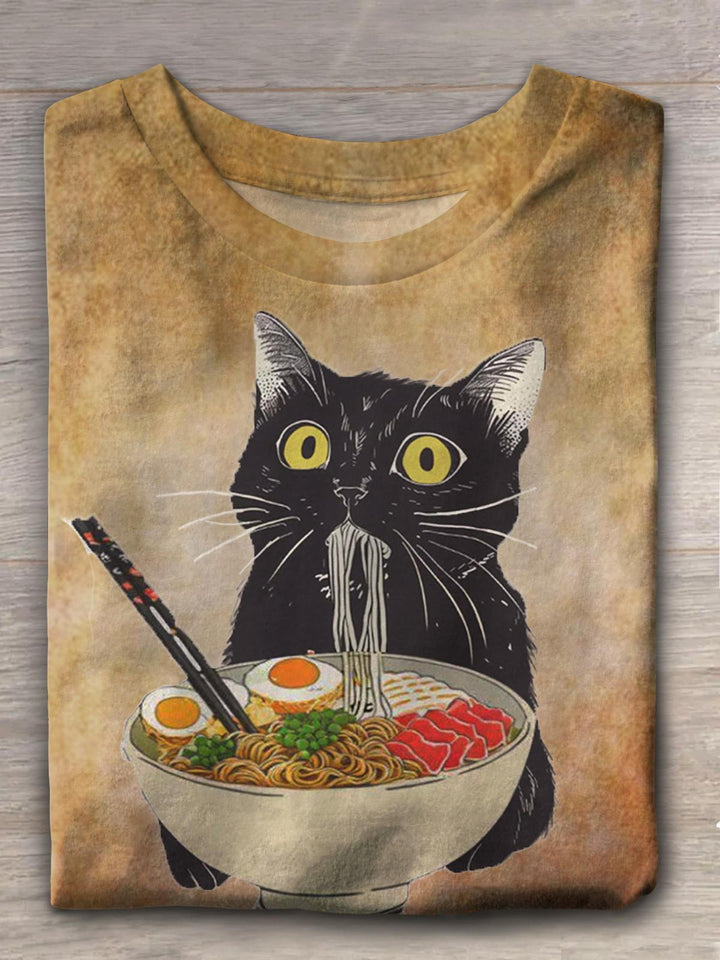 Women's Cat Eating Noodles Funny Print Loose Casual T-shirt