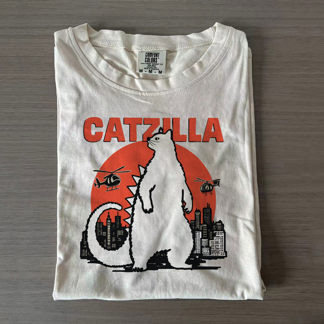 Catzilla Shirt Cat Parody Crew Neck T-shirts