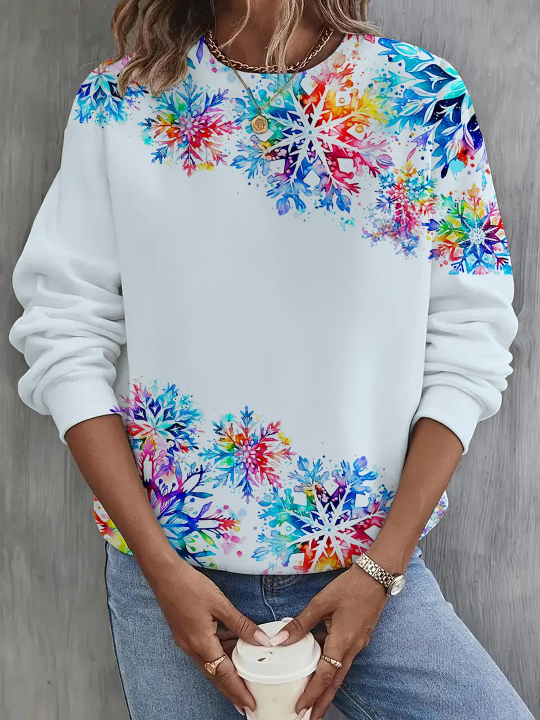 Snowflakes Print Long Sleeve Casual Top