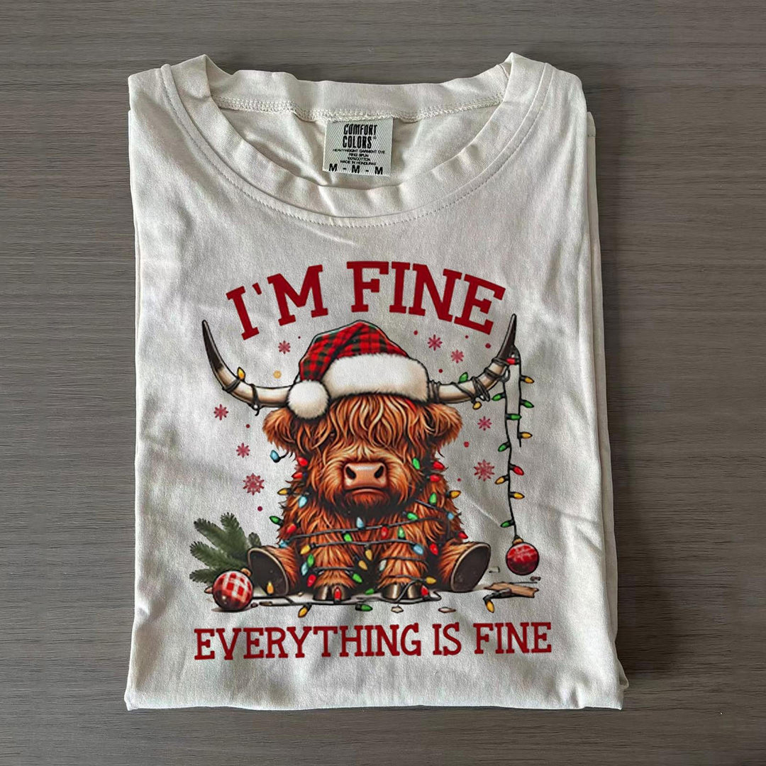 I'm Fine Everything is Fine Funny Cute Highland Cow Christmas T-shirts