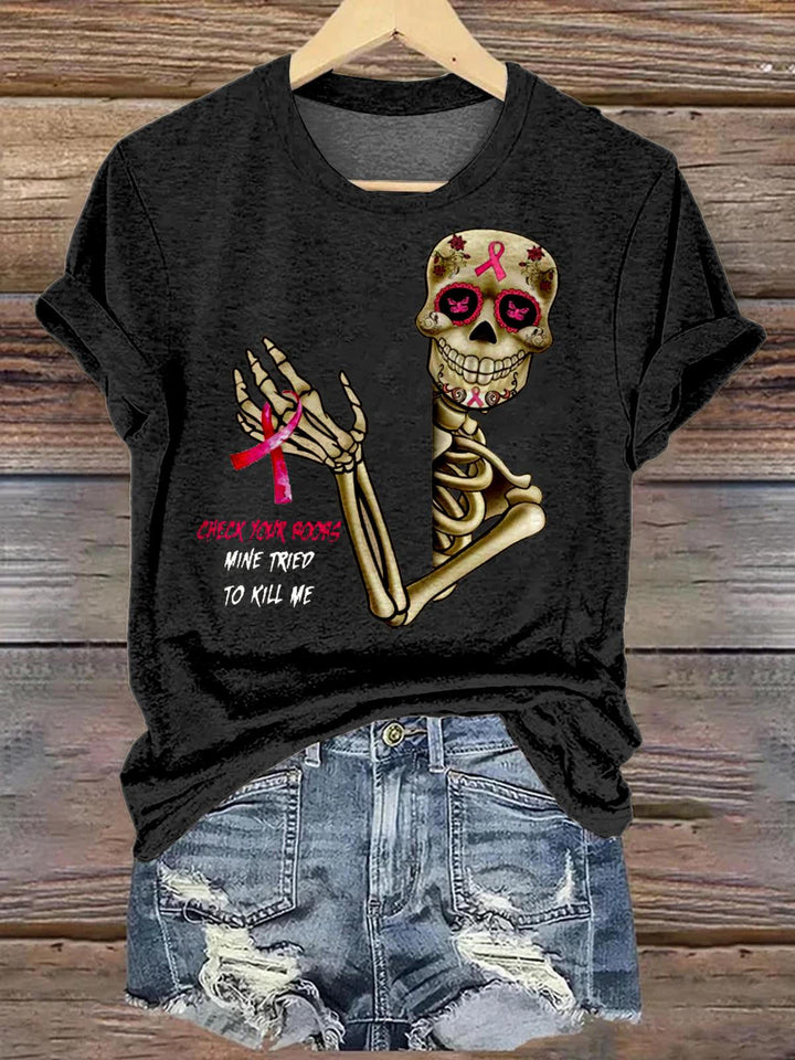 Women's Funny Skeleton Breast Cancer Crew Neck T-shirt