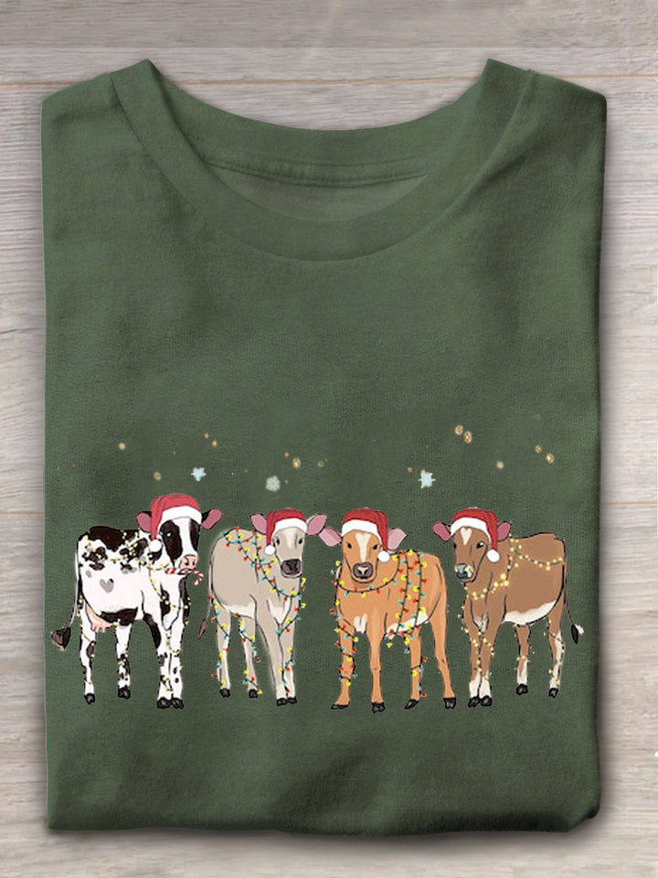 Women's Christmas Cow Crew Neck T-shirt