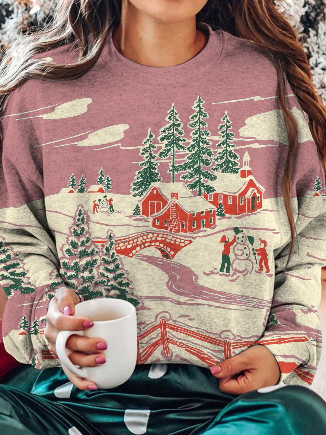 Vintage Winter Christmas Print Round Neck Long Sleeve Top