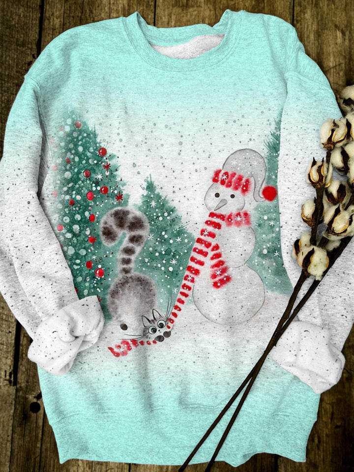 Women's Winter Snowman Kitten print Round Neck Long Sleeve Top