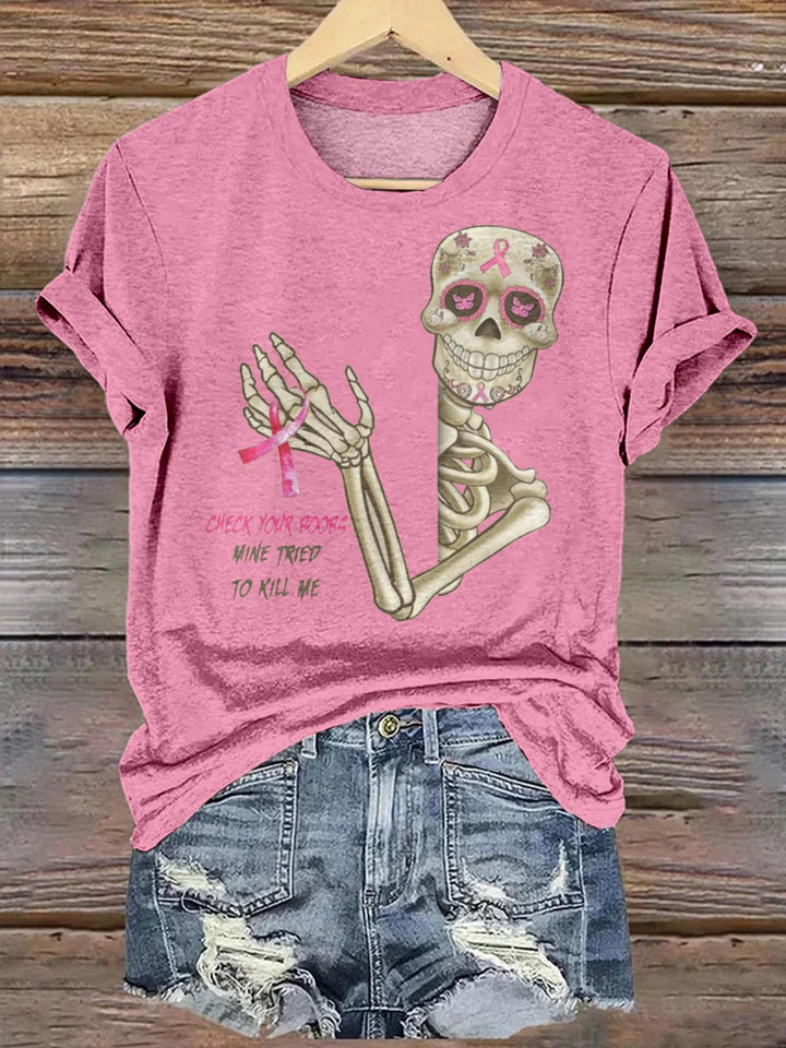 Women's Funny Skeleton Breast Cancer Crew Neck T-shirt