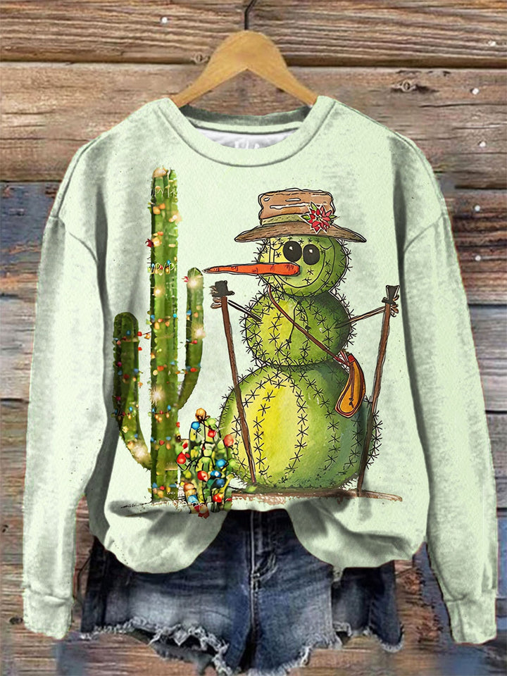 Cactus Snowman With Cactus Lights Christmas Long Sleeve Top