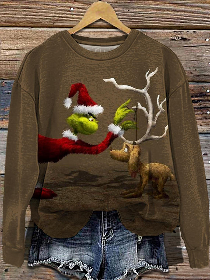 Women's Christmas Reindeer Print Off Shoulder Long Sleeve Sweatshirt