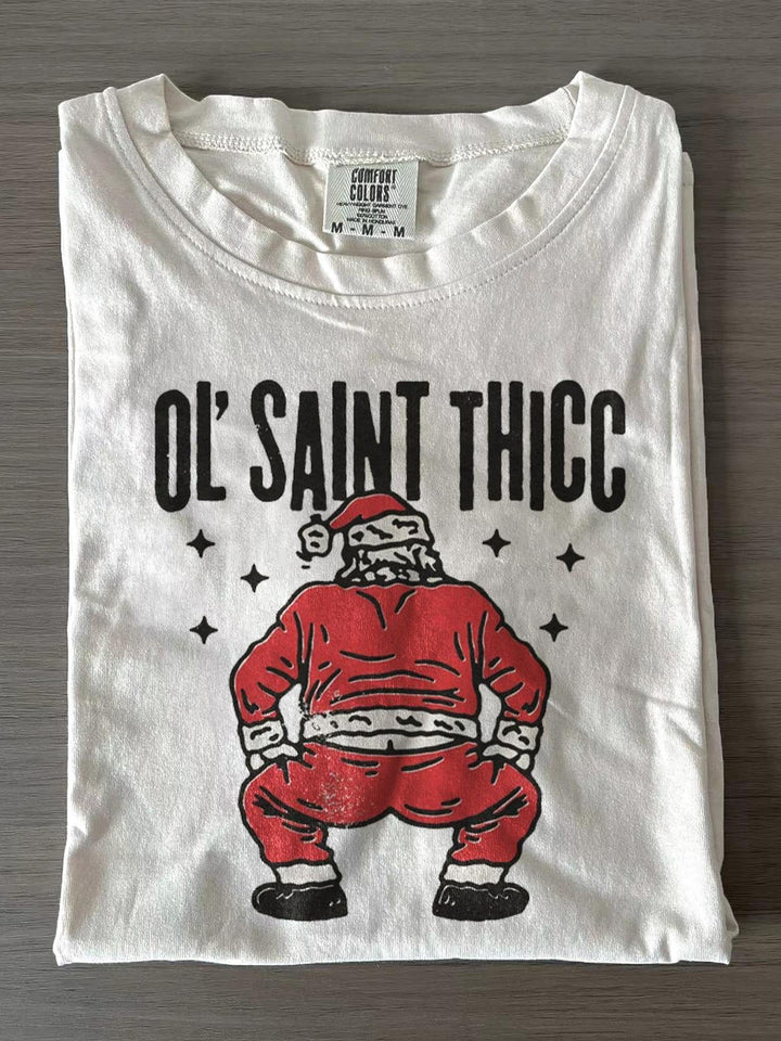 Women's Ol' Saint Thicc Humor Christmas Crew Neck T-shirts