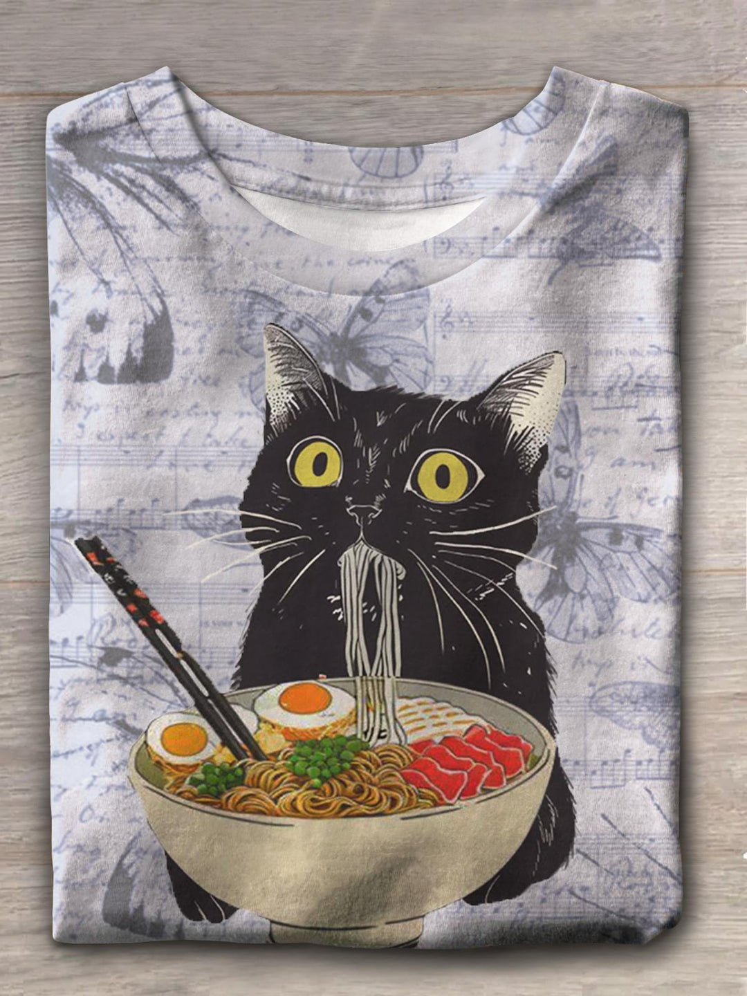 Women's Cat Eating Noodles Funny Print Loose Casual T-shirt