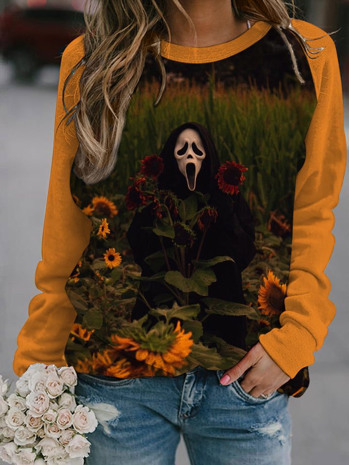 Ghost Face In Sunflower Long Sleeve Casual Top