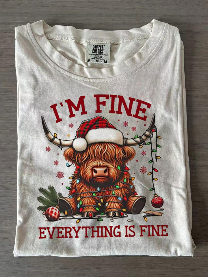 I'm Fine Everything is Fine Funny Cute Highland Cow Christmas T-shirts