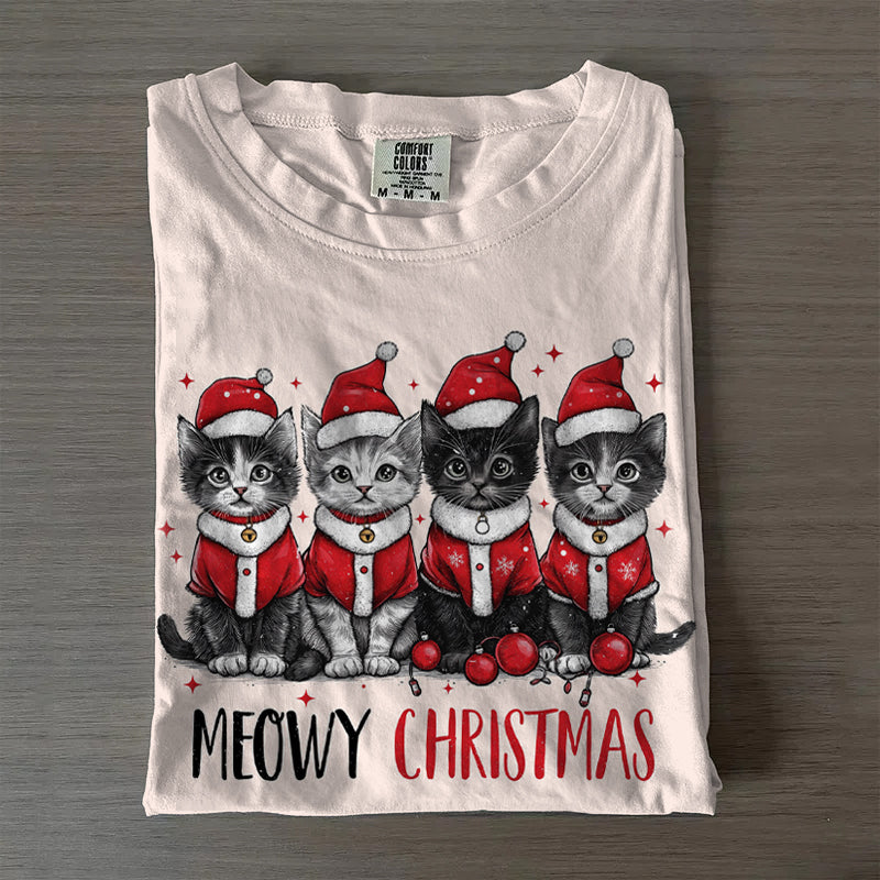 Women's Cute Christmas Cat Crew Neck T-shirt