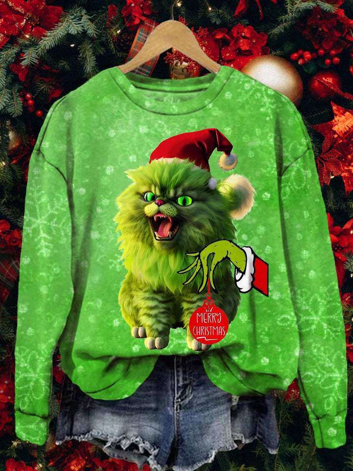 Angry Cat Character Costume Christmas Print Long Sleeve Top