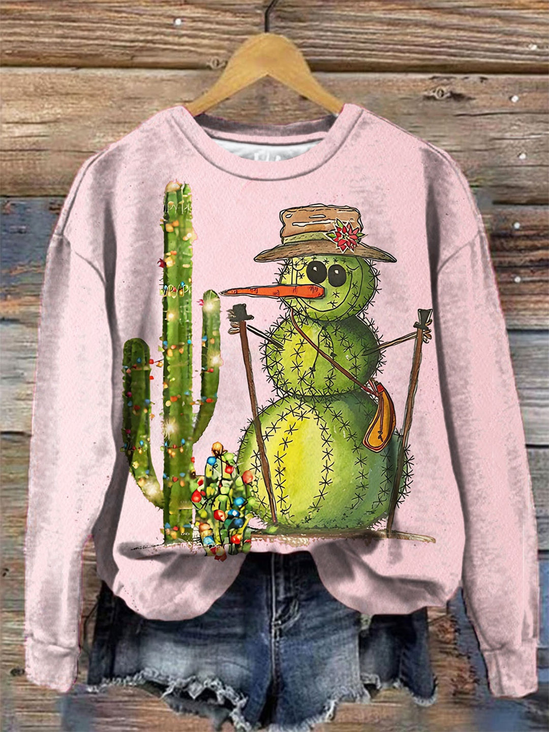 Cactus Snowman With Cactus Lights Christmas Long Sleeve Top