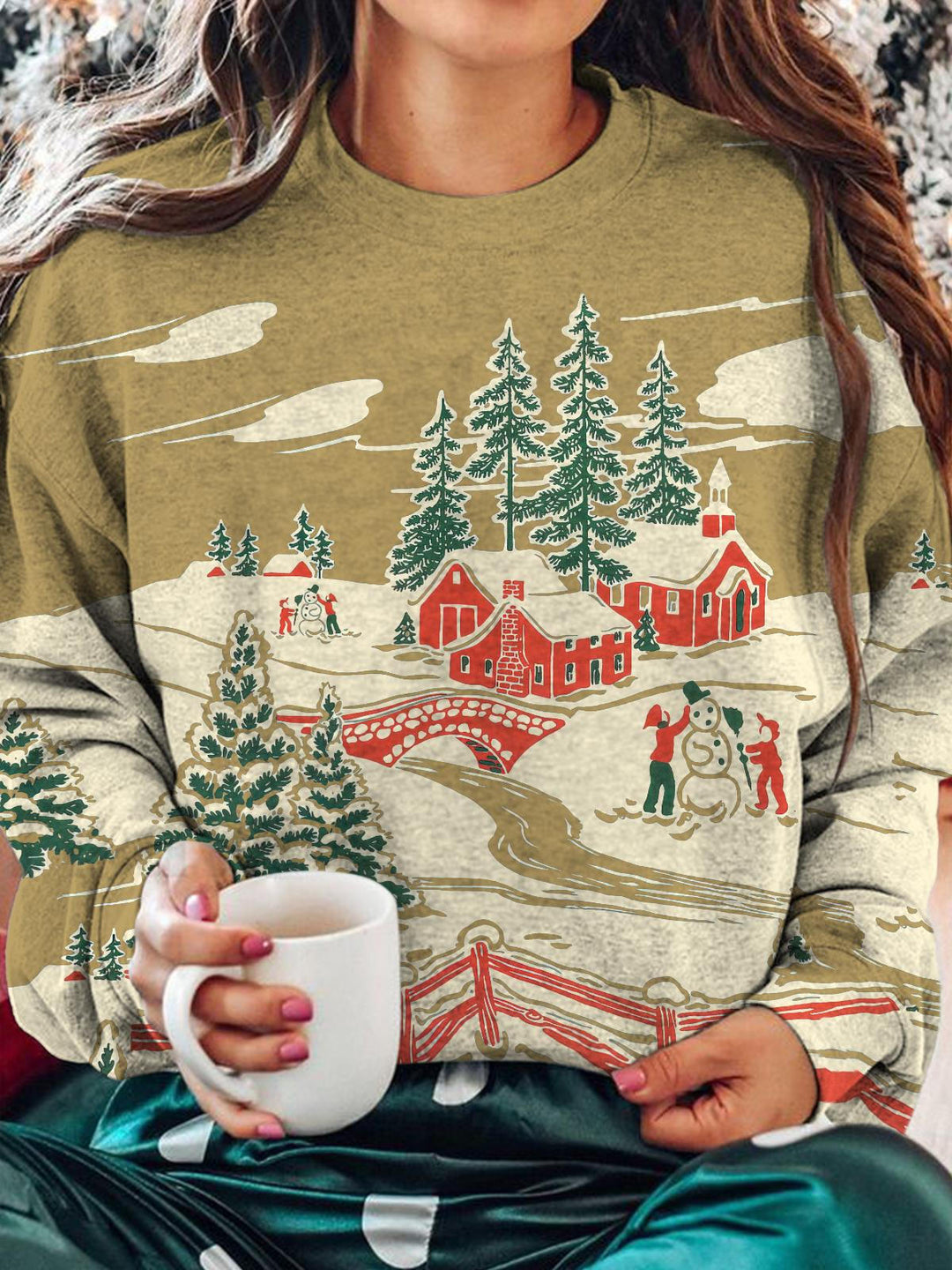 Vintage Winter Christmas Print Round Neck Long Sleeve Top