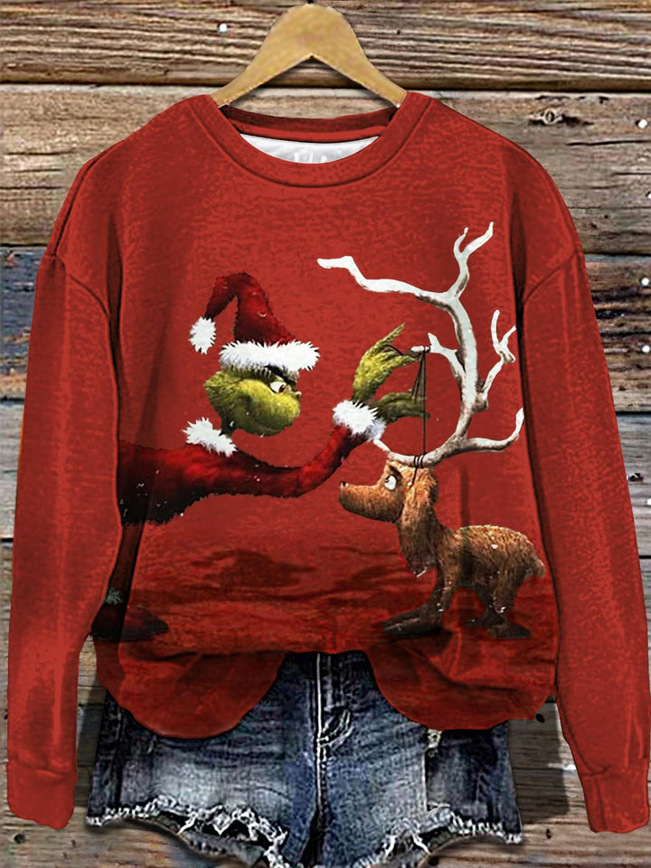 Women's Christmas Reindeer Print Off Shoulder Long Sleeve Sweatshirt