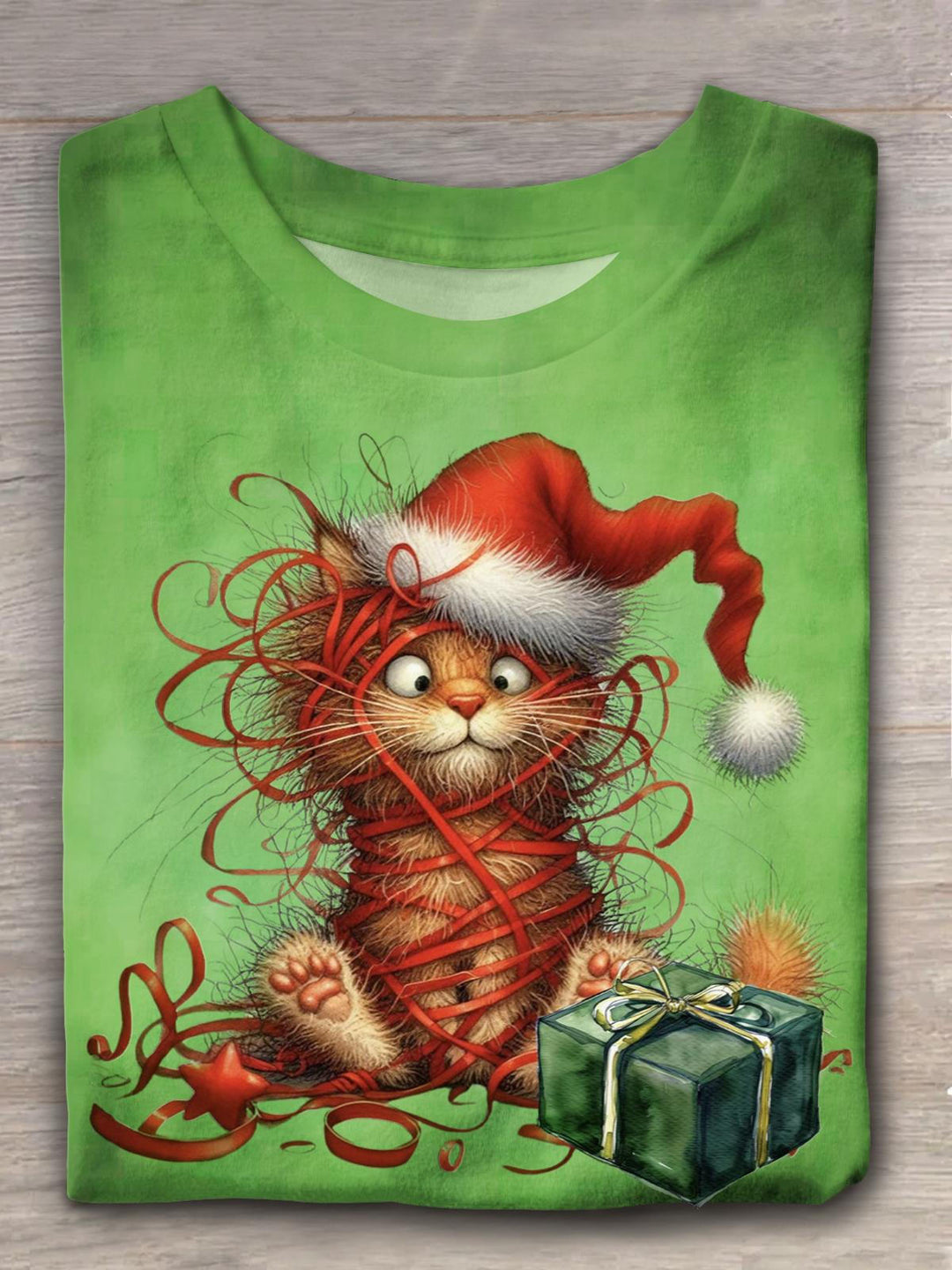 Funny Cat Merry Christmas Gift Crew Neck T-shirt