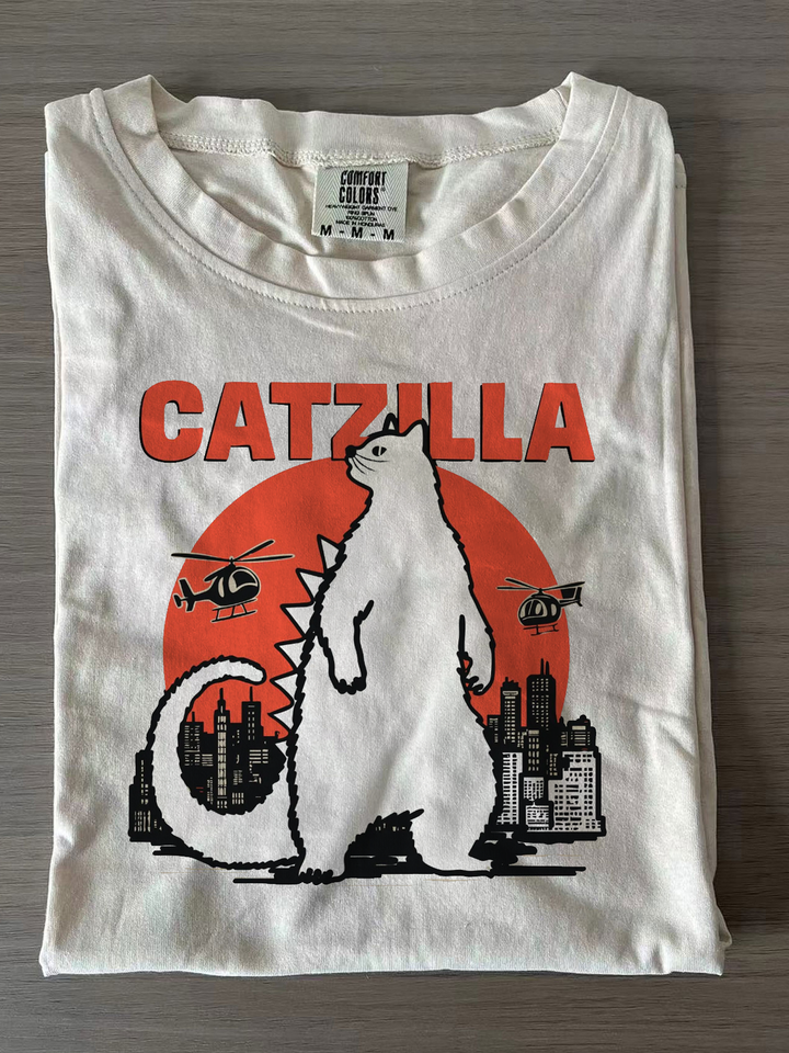 Catzilla Shirt Cat Parody Crew Neck T-shirts