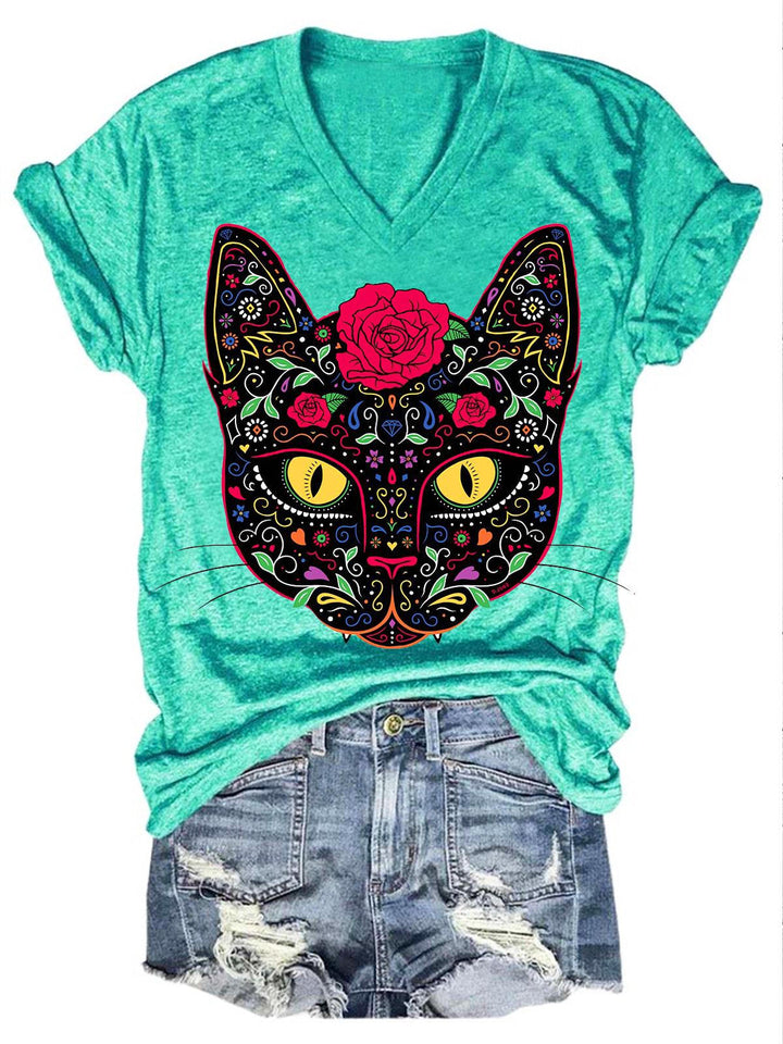 Day of the Dead Kitty Cat Sugar Skull Print T-Shirt