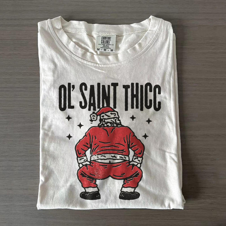 Women's Ol' Saint Thicc Humor Christmas Crew Neck T-shirts