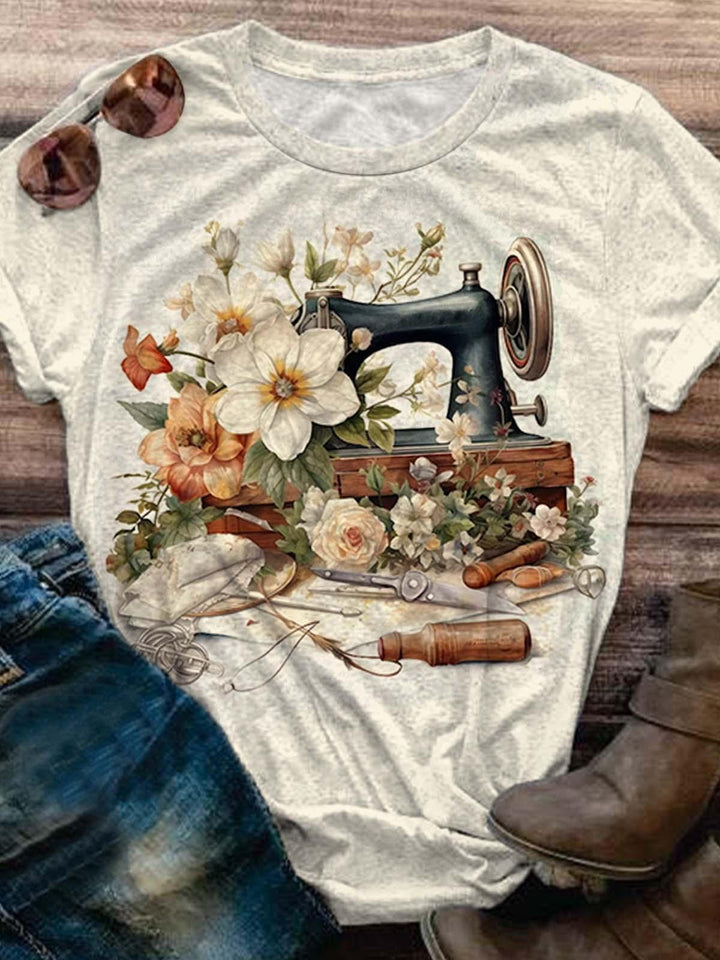 Women's Sewing Machine Floral Print Retro Top