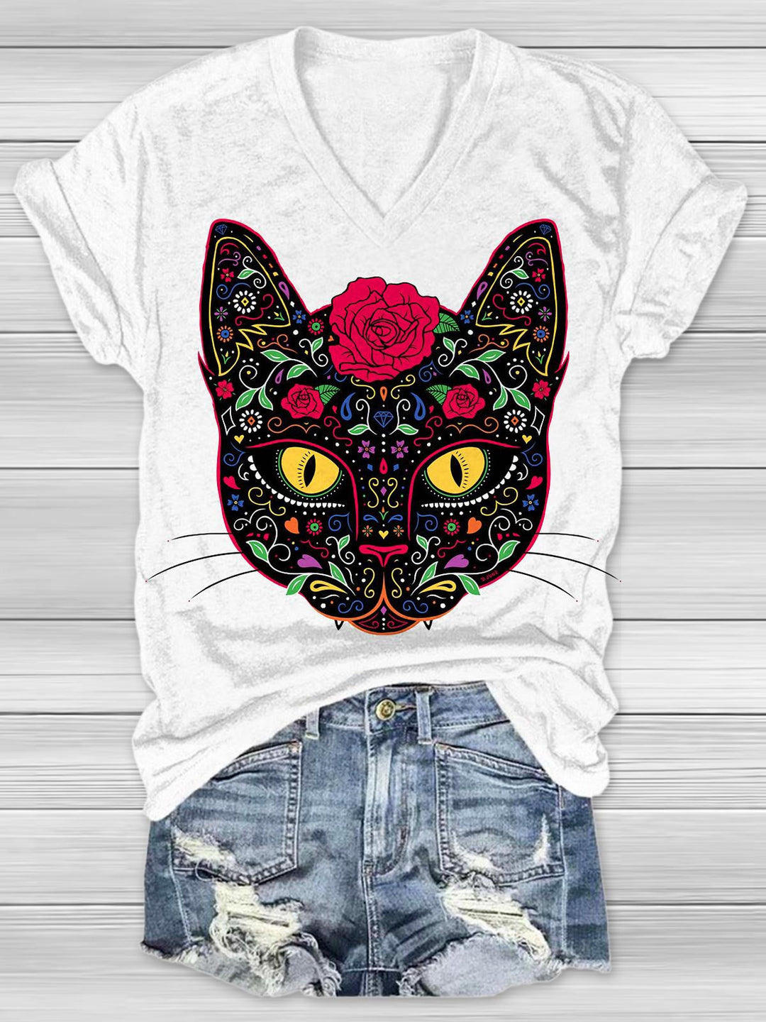 Day of the Dead Kitty Cat Sugar Skull Print T-Shirt